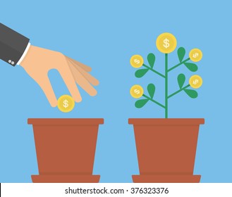 Investing Money Concept. Hand Putting Golden Coin In To The Flower Pot. Flat Design