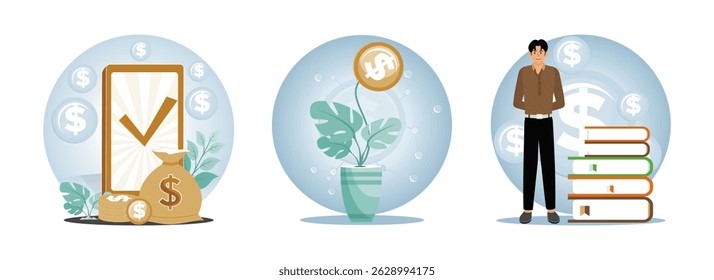 Investing money in digital platform concept. A potted plant with a dollar sign, symbolizing financial growth and investment opportunities. Investing money in knowledge and education.