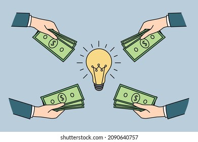 Investing money in good idea concept. Hands of investors business people giving money putting cash dollars to great business idea for development vector illustration 