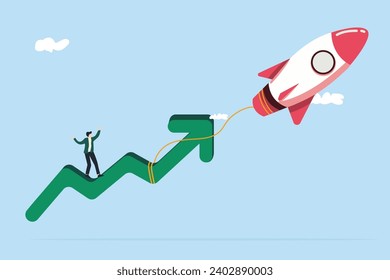 investing money in a project, people investment growth graph chart arrows flying with rocket in the sky. Vector illustration