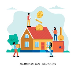 Investing money in real estate, buying house, small people doing various tasks. Concept vector illustration in flat style