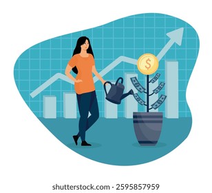 Investing money in self development concept. Women watering a money plant. Flat vector modern illustration  