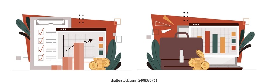 Investing money set. Financial literacy and occupation. Economy and trading. Case with charts and diagrams. Infographics and statistics. Cartoon flat vector collection isolated on white background
