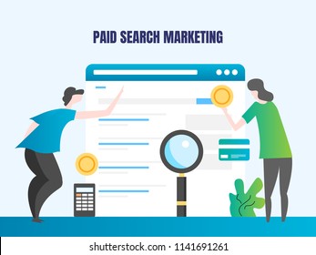 Investing on paid search marketing, paid advertising on search engine, digital marketing strategy - flat design banner illustration