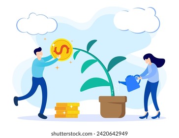 Investing person character graphic vector illustration. Achieve profits, income, progress, economic growth in the future.