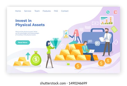 Investing in physical assets vector, woman holding diamond, precious stone and gold bars of investors. Man working on laptop looking at stats. Website or webpage template, landing page flat style