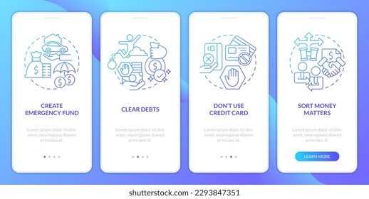 Investing preparation blue gradient onboarding mobile app screen. Trading walkthrough 4 steps graphic instructions with linear concepts. UI, UX, GUI template. Myriad Pro-Bold, Regular fonts used