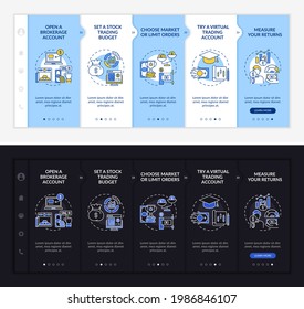 Investing process onboarding vector template. Responsive mobile website with icons. Web page walkthrough 5 step screens. Budget, virtual trade night and day mode concept with linear illustrations