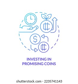 Investing in promising coins blue gradient concept icon. Perspective project. Way to make money on crypto abstract idea thin line illustration. Isolated outline drawing. Myriad Pro-Bold font used