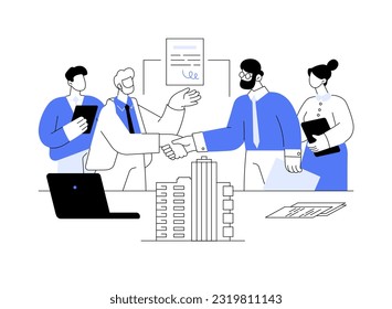 Investing in real estate abstract concept vector illustration. Business people signing contract about buying or renting property, brokerage company business, shaking hands abstract metaphor.