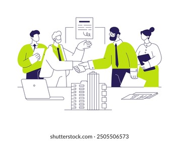 Investing in real estate abstract concept vector illustration. Business people signing contract about buying or renting property, brokerage company business, shaking hands abstract metaphor.
