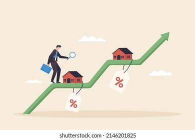 Invertir, bienes raíces, Oportunidad de Inversión. Cartera de agentes, concepto de inversor inmobiliario. Los precios de la vivienda aumentan. Un hombre de negocios camina sobre un gráfico verde de precios crecientes de la vivienda.