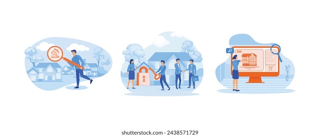 Investing, real estate, investment opportunity concept. Real estate and turnkey rental. Buy or rent house online. Set flat vector modern illustration 