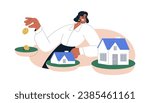 Investing in real estate. Property investment, business concept. Investor, finance expert buying and building houses. Home, apartments owner. Flat vector illustration isolated on white background