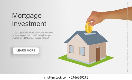 Investing in real estate. Realistic hand puts a coin into a piggy bank in the form of a house. The accumulation of money for housing. Mortgage concept. 3d Vector