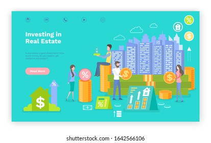 Investing in real estate vector, people with money giving assets on construction and building of new homes. Businessmen with financial decisions. Website or webpage template, landing page flat style
