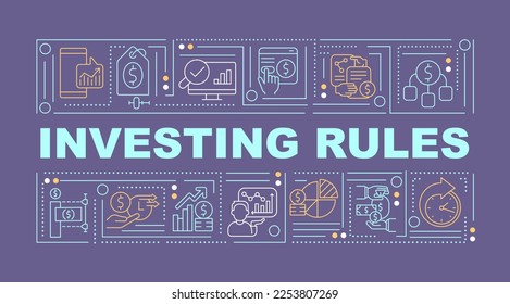 Investing rules word concepts dark purple banner. Stock market. Infographics with editable icons on color background. Isolated typography. Vector illustration with text. Arial-Black font used