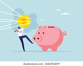 Investing or saving difficulty, full effort businessman putting coin in piggy bank, money savings