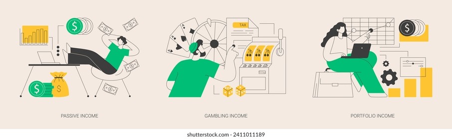 Investing savings abstract concept vector illustration set. Passive income, gambling winning, investment portfolio, dividends and property profit, online casino, cash flow abstract metaphor.