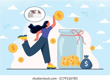 Investing Of Savings. Young Girl Puts Coins In Jar, Talking About House. Buying Real Estate, Financial Literacy. Novice Investor, Family Budget And Economics. Cartoon Flat Vector Illustration