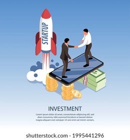 Investing in startup isometric poster two people shaking hands after successful quick start of business vector illustration
