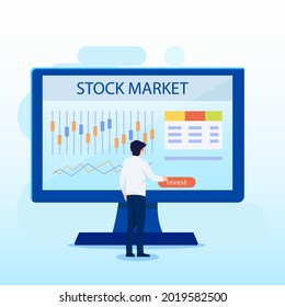 Investing in the Stock Market. People trading stock online, Flat vector template Style Suitable for Web Landing Page.