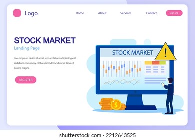 Investing In The Stock Market. People Trading Stock Online, Flat Vector Template Style Suitable For Web Landing Page.