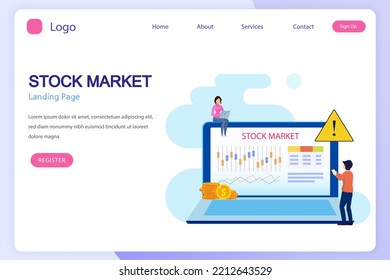 Investing In The Stock Market. People Trading Stock Online, Flat Vector Template Style Suitable For Web Landing Page.