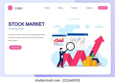 Investing In The Stock Market. People Trading Stock Online, Flat Vector Template Style Suitable For Web Landing Page.