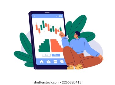 Investing in stock market, trading online with mobile phone app. Person analyzing investment candlesticks, candle bars graph, chart. Flat graphic vector illustration isolated on white background