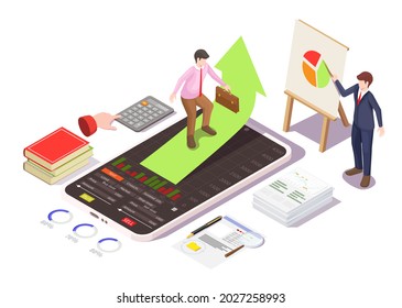 Investing in stocks classes, training, flat vector isometric illustration. Mobile learning. Webinar. Online financial investment, stock trading courses concept.