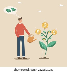 Investing in stocks, growing income, making a profit from a fund, buying securities, earning interest from a bank deposit, growing wealth, investor businessman watering a money tree for prosperity.