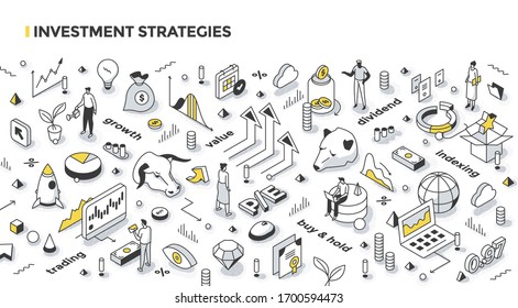 Investing Strategies, Styles & Tactics Concept. Growth & Value Investing, Active Trading, Long Term Investment, Buying Market Index.  Financial Outline Isometric Illustration