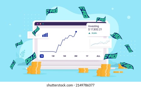 Investing Success- Computer Screen With Stock Market Portfolio Going Up. Vector Illustration