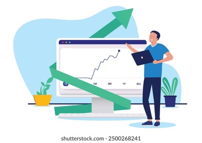 Investing success - Smiling successful investor man with computer looking at stock market chart rising and going up with green arrow. Flat design vector illustration with white background