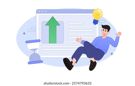 Investing success - Smiling successful investor man with computer looking at stock market chart rising and going up with green arrow. Flat design vector illustration with white background.