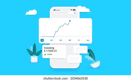 Investing and trading app on smartphone - Profitable investment online concept with graphs and stock market data on device screen. Vector illustration with blue background