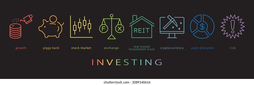 Vektorsymbol-Set investieren. Neonfarbe auf schwarzem Hintergrund.