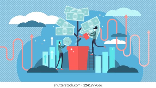 Investing vector illustration. Deposit profit and wealth growing business. Teamwork persons cultivate money to fund future business. Increase income dollars with successful bank investor strategy.