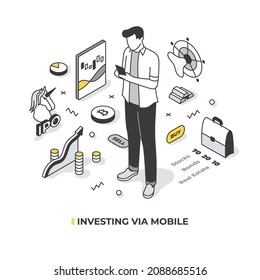 Investing Via Mobile Concept. Easy Access To Trade Stock With Mobile Apps. One Can Trade And Manage Stock Portfolio, Analyze Profitability, Follow Account In Real Time. Isometric Illustration