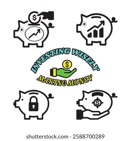 Investing Wisely Money Growth Piggy Bank Icons and Financial Silhouette Bundle