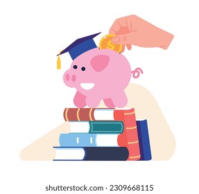 Investing in your own education. Raising money for tuition. Piggy bank. Moneybox on books stack. Financial deposit. Hand putting gold coin into thrift-box. Savings pig
