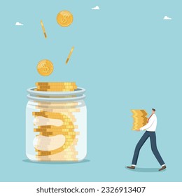 Investing your own money in innovations or investments, making a profit from bank deposits or shares of companies, financial and economic growth, man carries pile of coins to jar into coins are poured