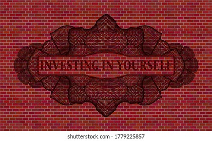 Investing in yourself text inside Linear currency brick stone wall badge. Tiles luxurious background. Vector illustration. 