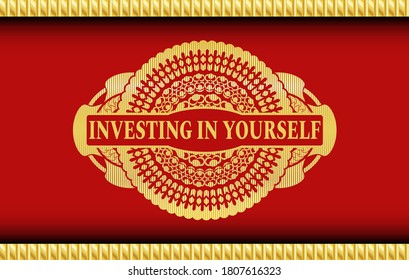 Investieren Sie in Ihren eigenen Text in Rot-Farbe und Gold realistische Badge. Traditioneller, gepflegter Hintergrund. Künstlerische Illustration. 
