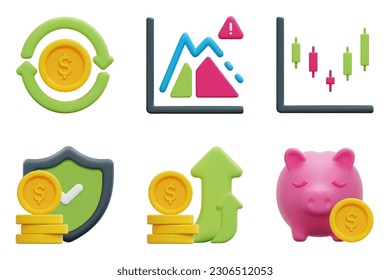 Investment 3d vector icon set. Insurance, piggy bank, profit, return on investment, risk, stock. Isolated on white background. 3d icon vector render illustration.