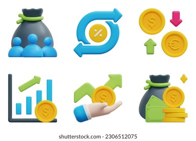 Investment 3d vector icon set. Exchange, exchange rate, funds, investing, investment, money. Isolated on white background. 3d icon vector render illustration.