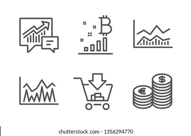 Investment, Accounting And Bitcoin Graph Icons Simple Set. Trade Infochart, Shopping And Currency Signs. Economic Statistics, Supply And Demand. Finance Set. Line Investment Icon. Editable Stroke