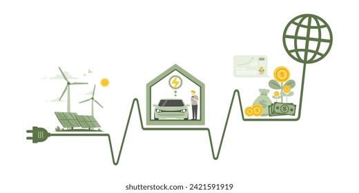 Inversión en energía alternativa, cuidado ambiental y uso de energía limpia, concepto de sostenibilidad de emisiones cero netas, Ahorro de dinero del uso de energía renovable, tecnología de la casa verde y auto eléctrico.