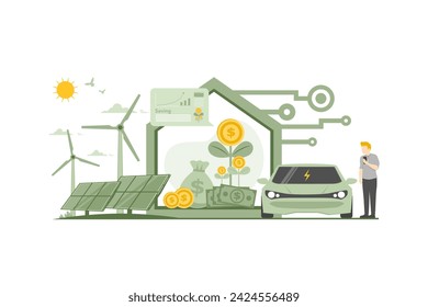 Investitionen in alternative Energien, Umweltpflege und Nutzung sauberer Energie, Netto-Null-Emissions-Nachhaltigkeitskonzept, Einsparungen durch den Einsatz erneuerbarer Energien, Green-House-Technologie und Elektroautos.